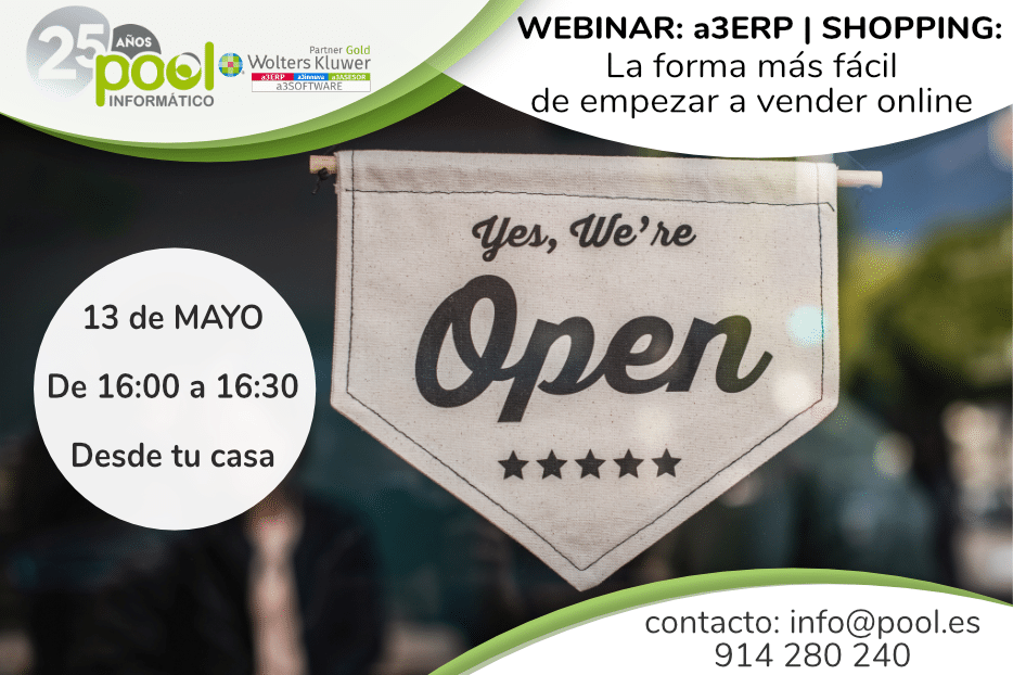 Webinar a3ERP Shopping: La froma más sencilla de empezar a vender online. 13 de mayo de 16:00 a 16:30. ¡Desde tu ordenador!