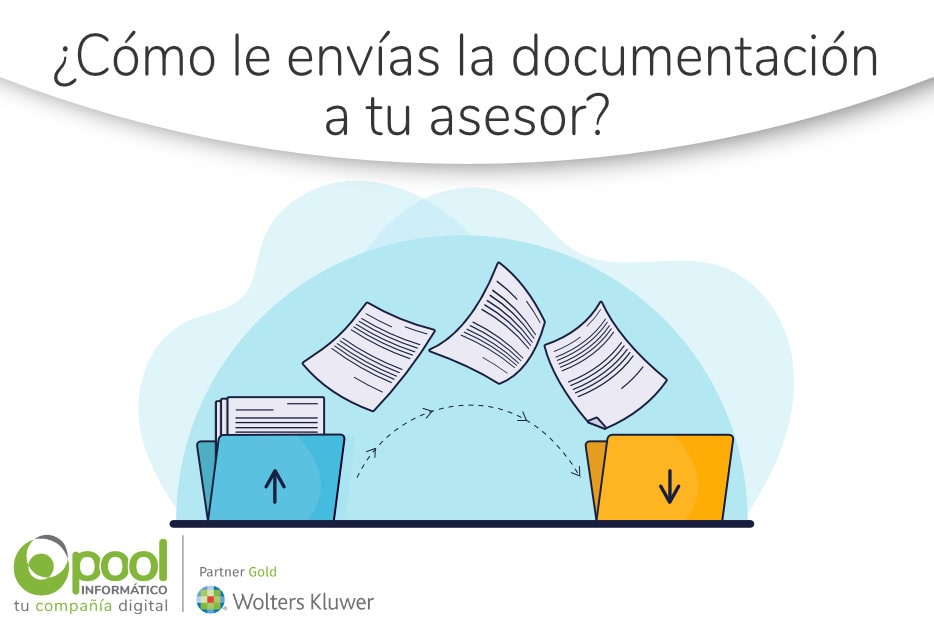 ¿Cómo le envías la documentación a tu asesor? Documentos pasando de un archivo a otro. Logo Pool Informático tu compañía digital partner gold wolters kluwer